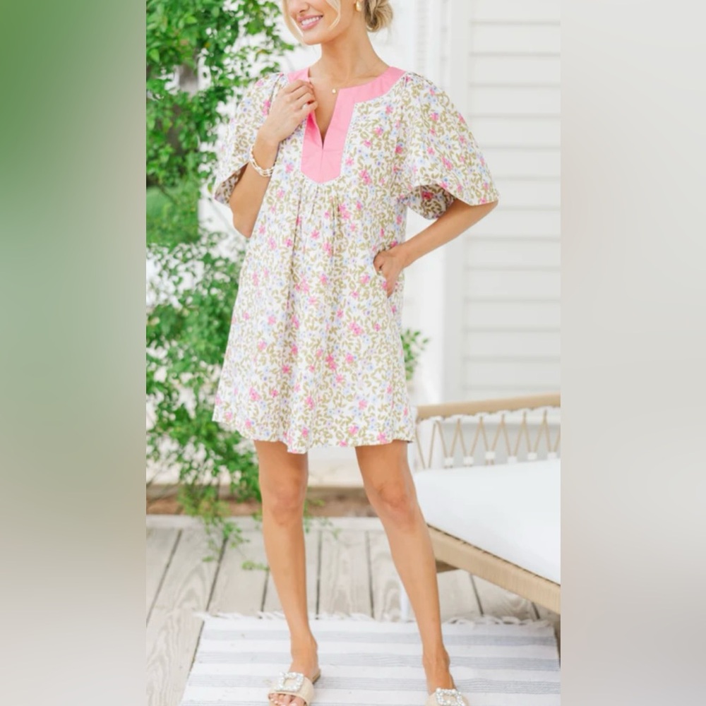 Pink, Green & White Ditzy Floral Cotton Dress | L | Mint Julep Boutique | NWT - Picture 2 of 10